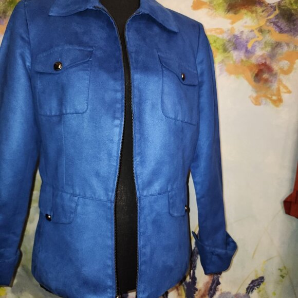 Evan Picone Blue Suede-like Zip Blazer With Gold Buttons and Pockets - Picture 10 of 13
